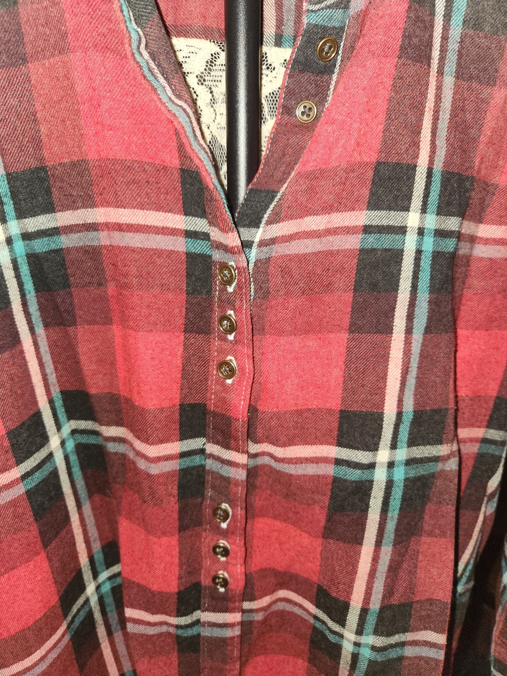 Womens Red Plaid Button-Down Shirt with Teal Accents - Picture 2 of 5